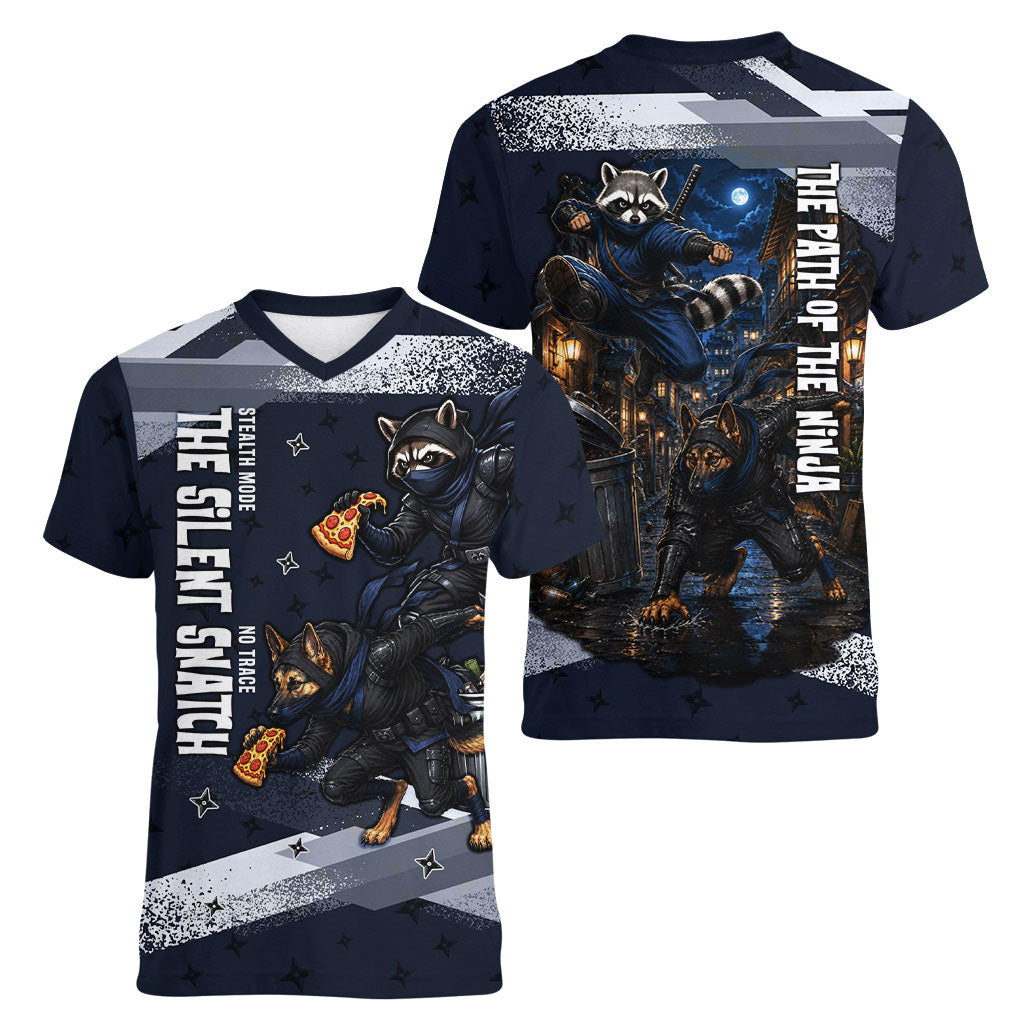 Ninja Raccoon Quasimodo Pizza Heist Women V-Neck T-Shirt Night Stealth Scene Detailed Pizza Slices