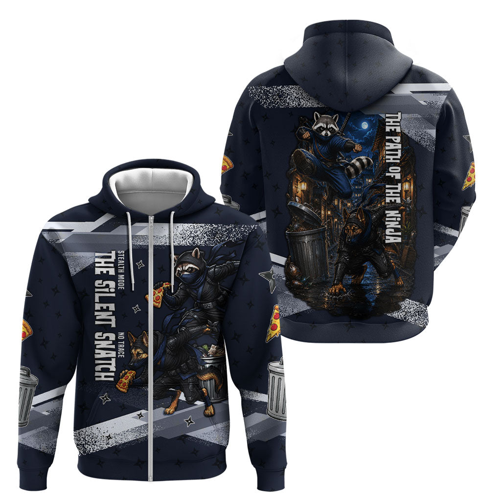 Ninja Raccoon Quasimodo Pizza Heist Zip Hoodie Night Stealth Scene Detailed Pizza Slices