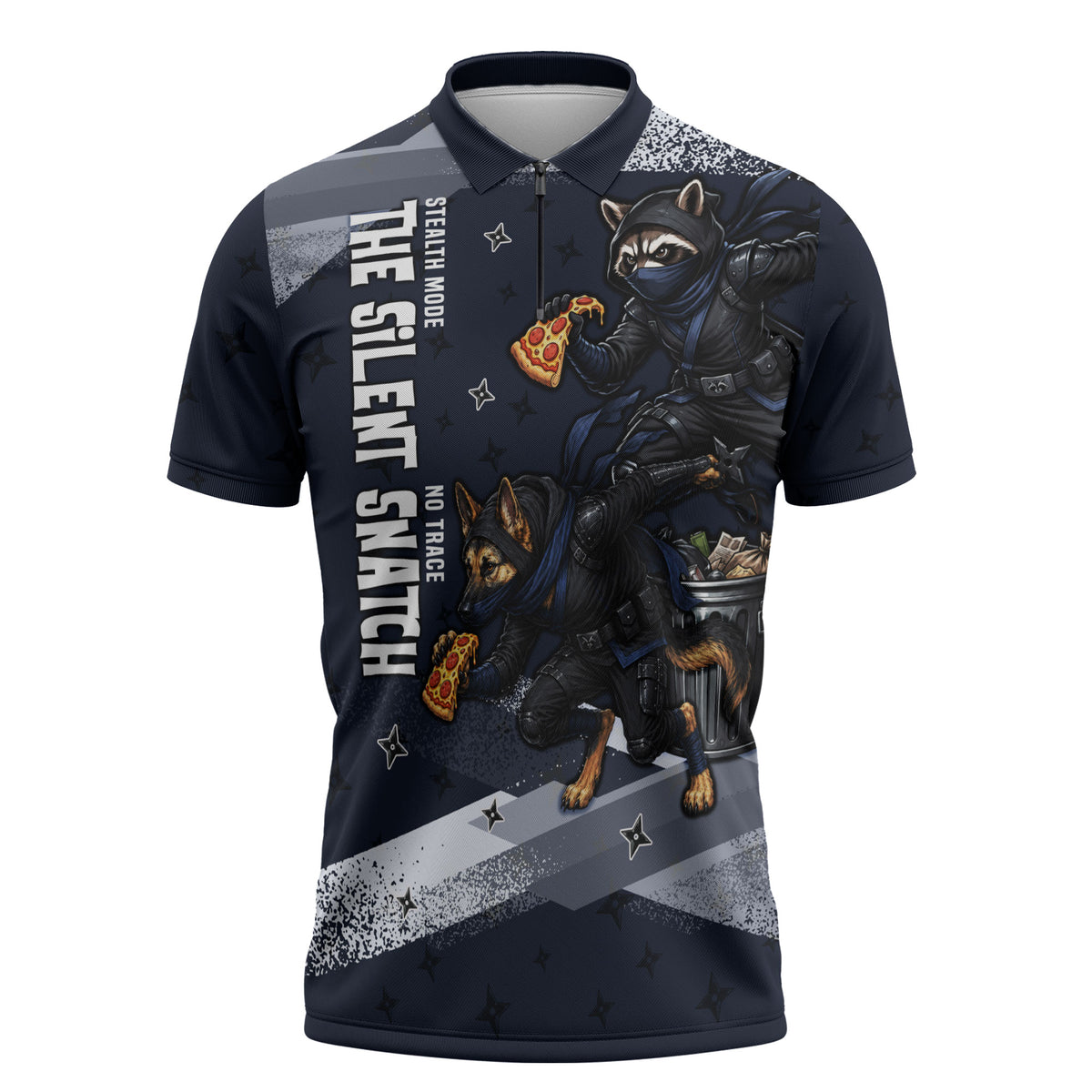 Ninja Raccoon Quasimodo Pizza Heist Zipper Polo Shirt Night Stealth Scene Detailed Pizza Slices