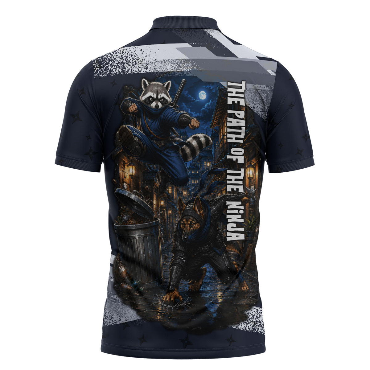 Ninja Raccoon Quasimodo Pizza Heist Zipper Polo Shirt Night Stealth Scene Detailed Pizza Slices