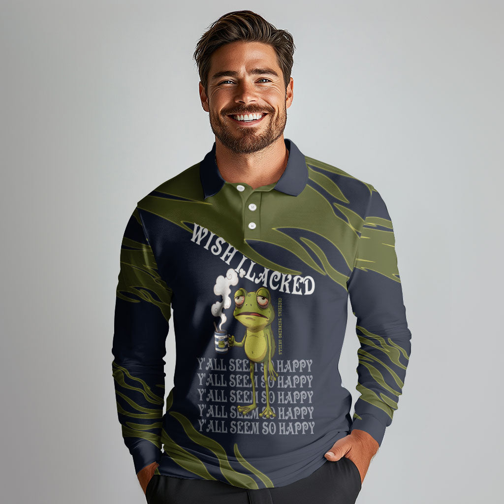 Wish I Lacked Critical Thinking Skills Y'all Seem So Happy Frog Long Sleeve Polo Shirt Funny Overthinking Meme