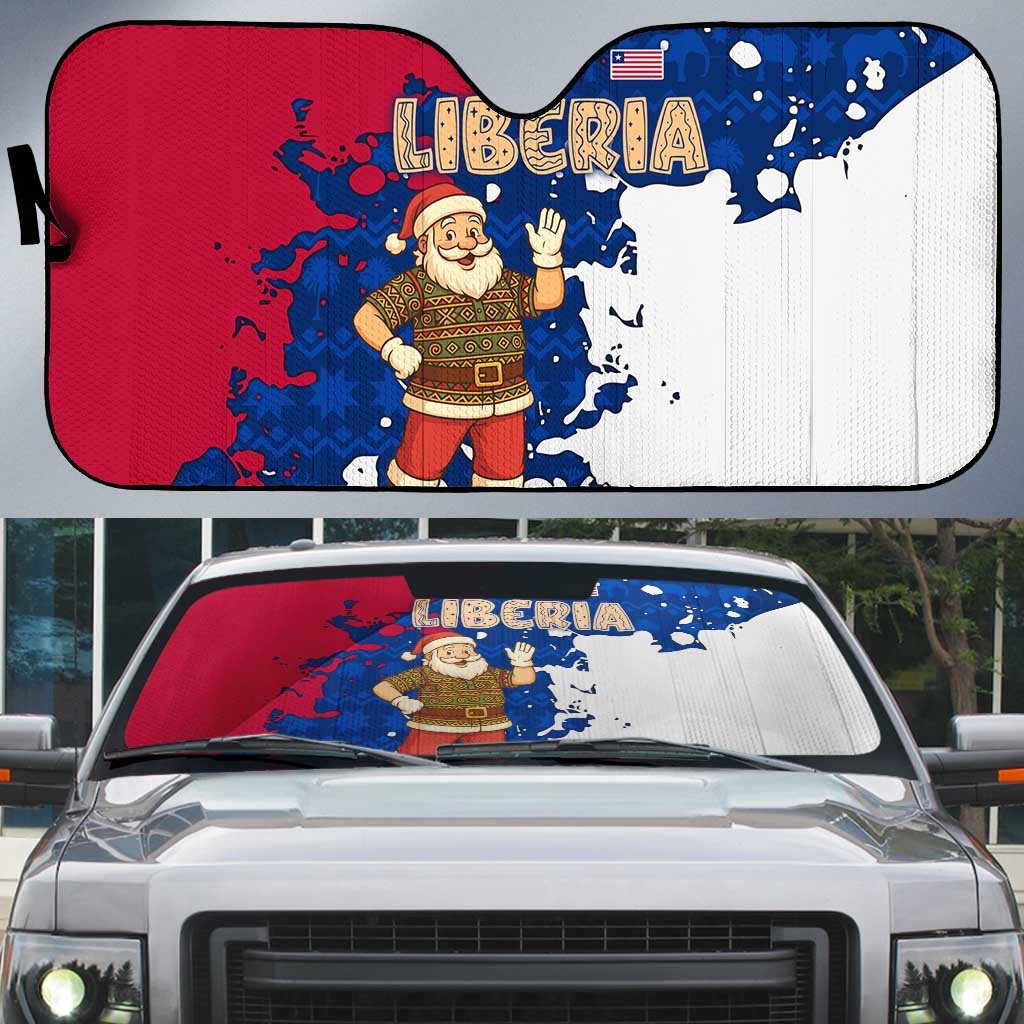 Liberia Christmas Auto Sun Shade with Santa Claus Map Graphic and Red Blue Festive - Wonder Print Shop