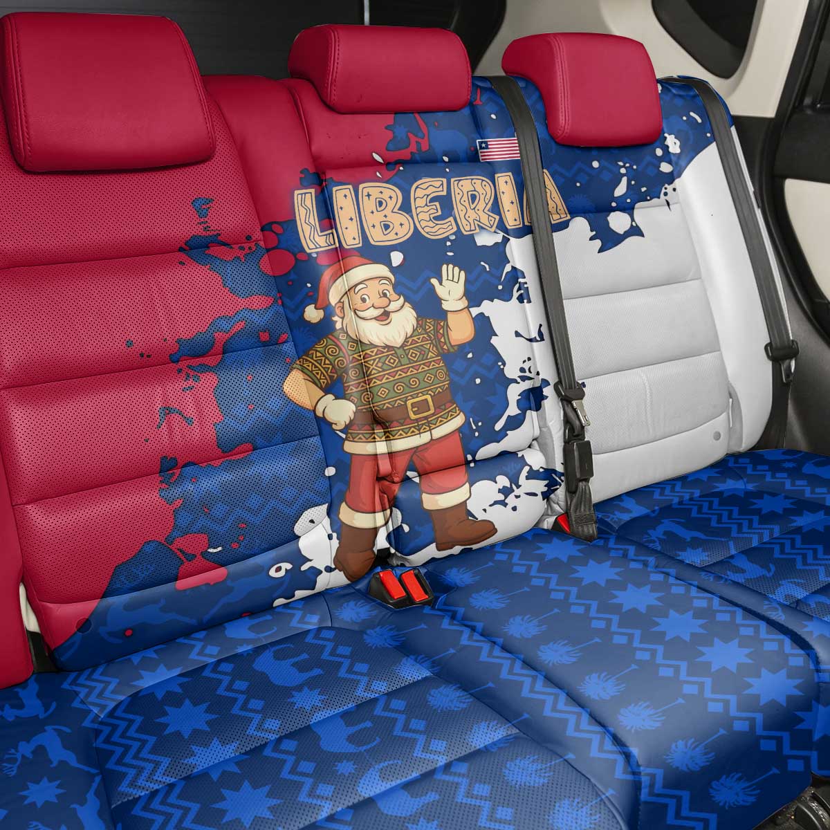Liberia Christmas Back Car Seat Cover with Santa Claus Map Graphic and Red Blue Festive - Wonder Print Shop