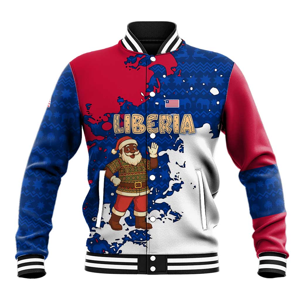 Liberia Christmas Baseball Jacket with Santa Claus Map Graphic and Red Blue Festive - Wonder Print Shop