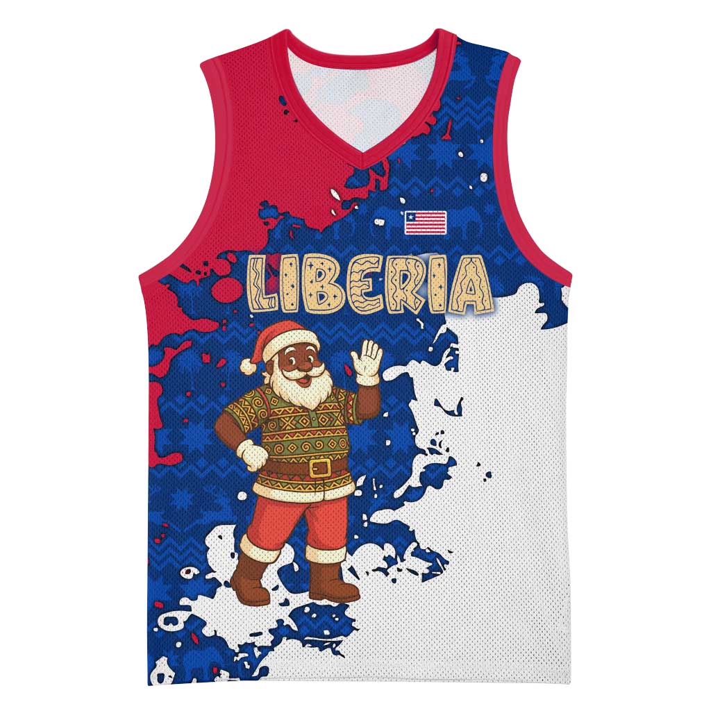 Liberia Christmas Basketball Jersey with Santa Claus Map Graphic and Red Blue Festive - Wonder Print Shop