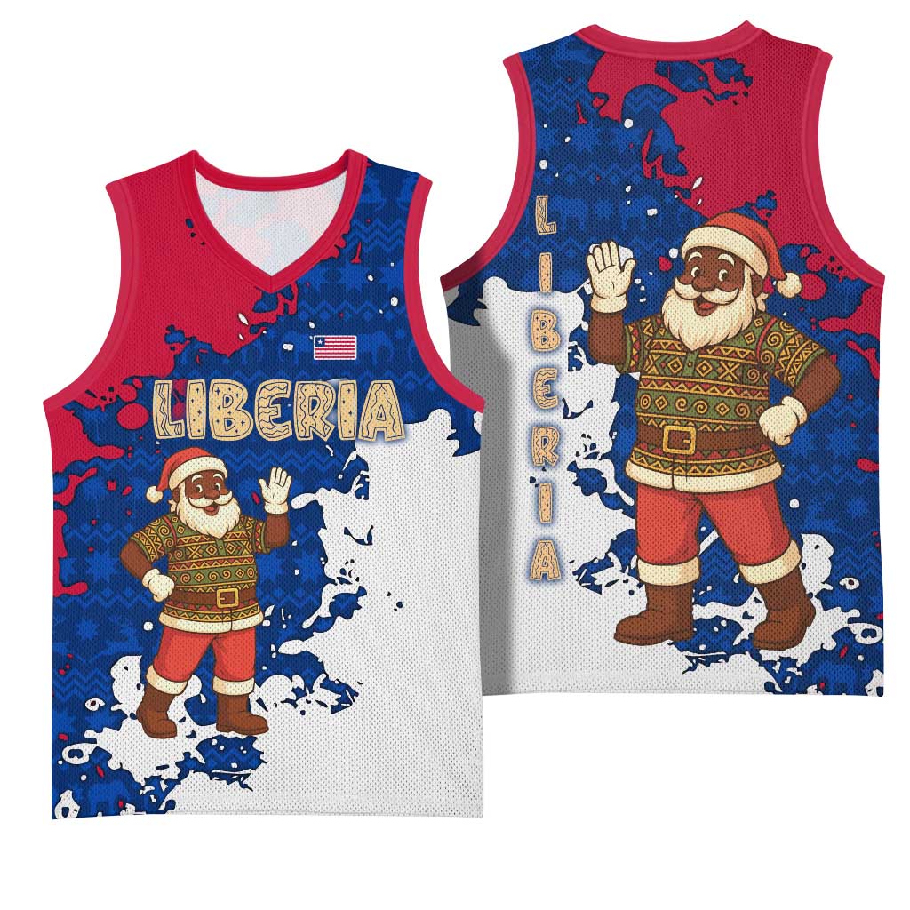 Liberia Christmas Basketball Jersey with Santa Claus Map Graphic and Red Blue Festive - Wonder Print Shop