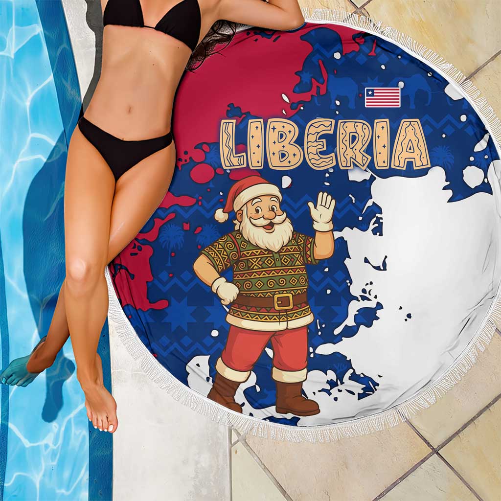Liberia Christmas Beach Blanket with Santa Claus Map Graphic and Red Blue Festive - Wonder Print Shop