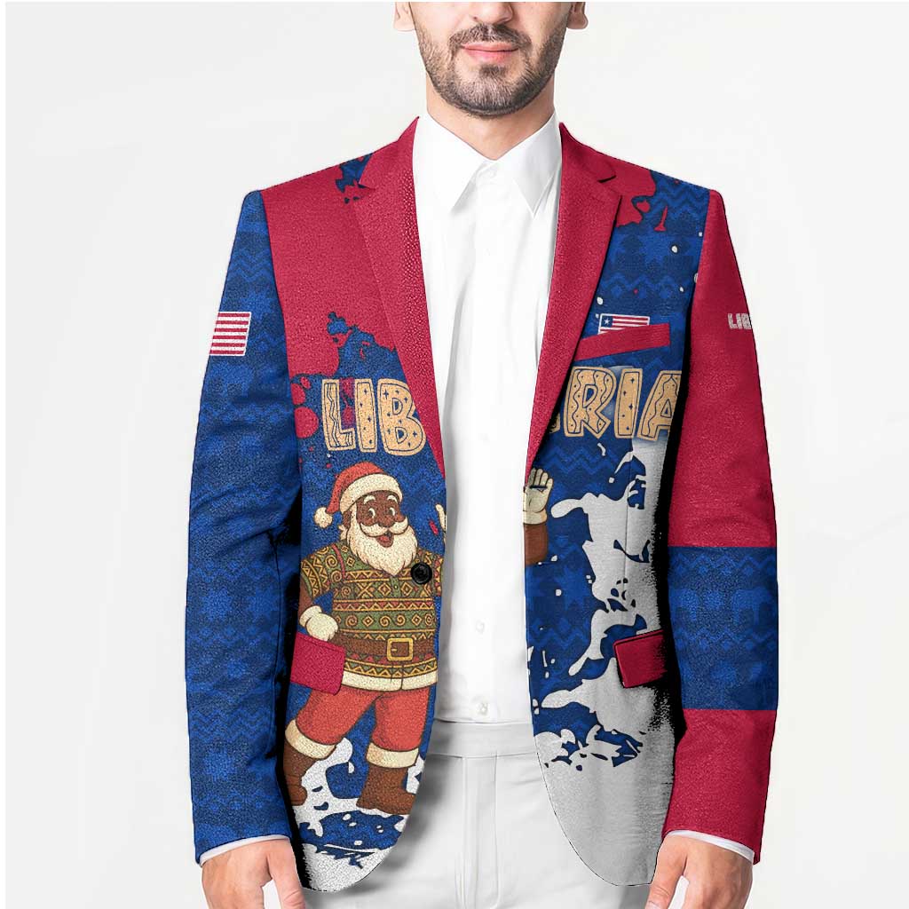Liberia Christmas Blazer with Santa Claus Map Graphic and Red Blue Festive - Wonder Print Shop