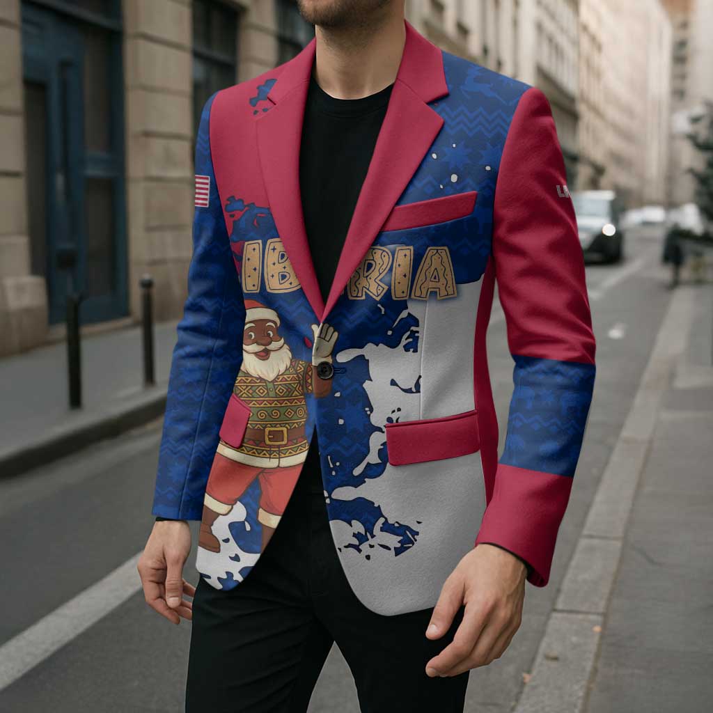 Liberia Christmas Blazer with Santa Claus Map Graphic and Red Blue Festive - Wonder Print Shop