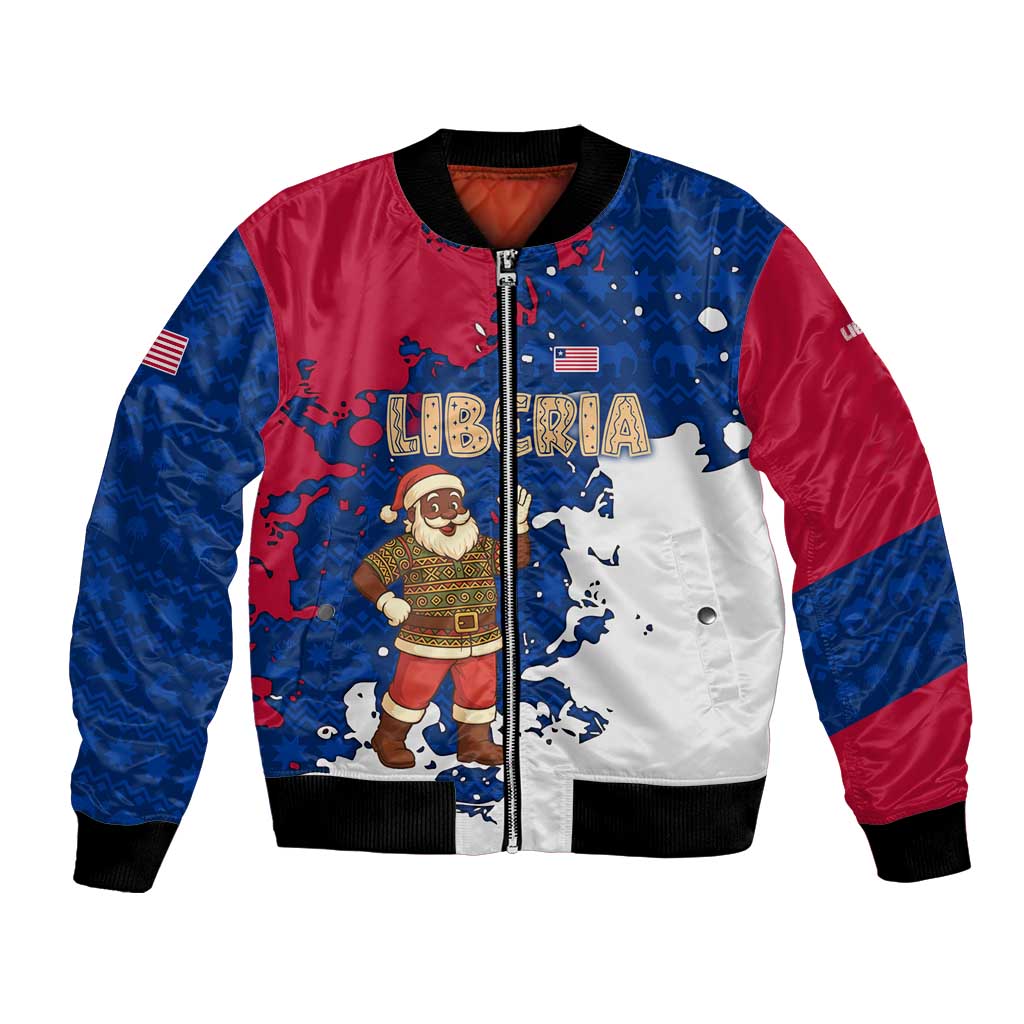 Liberia Christmas Bomber Jacket with Santa Claus Map Graphic and Red Blue Festive - Wonder Print Shop