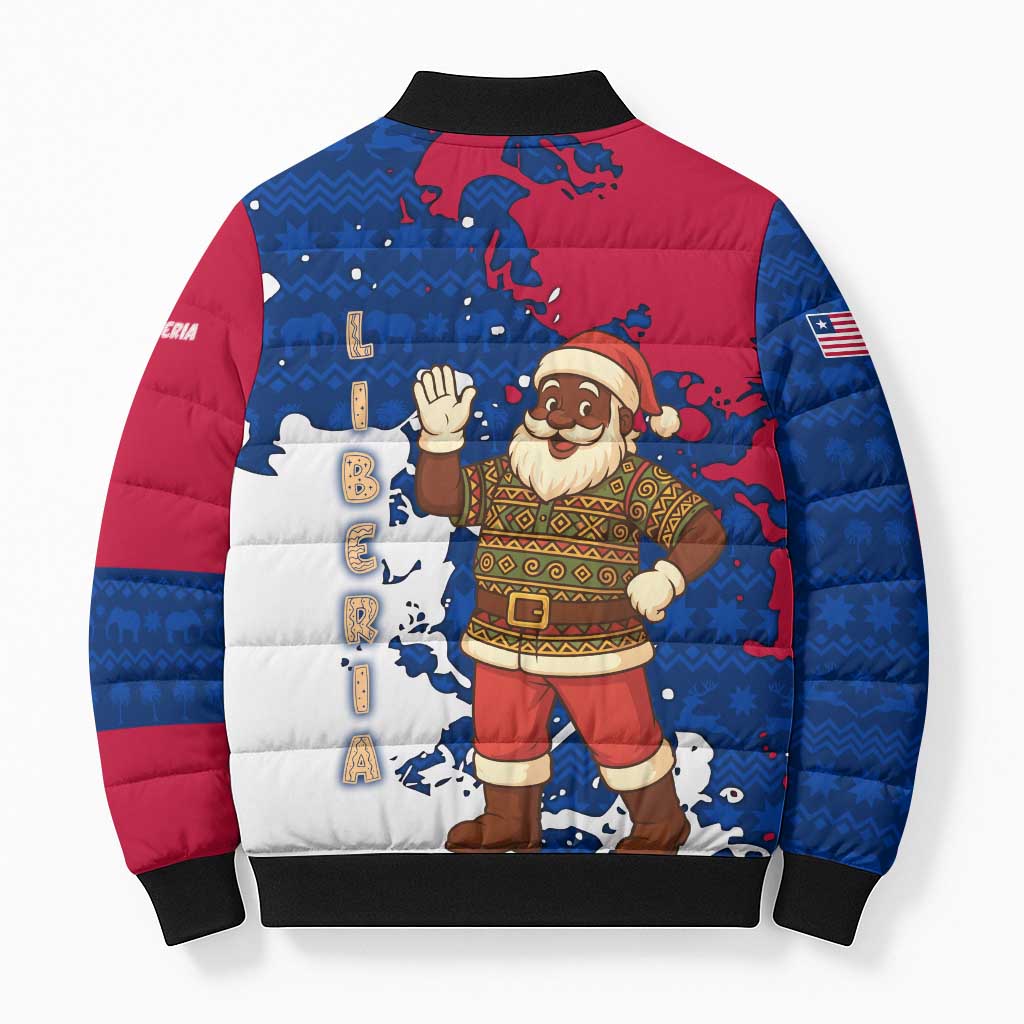 Liberia Christmas Bomber Puffer Jacket with Santa Claus Map Graphic and Red Blue Festive - Wonder Print Shop