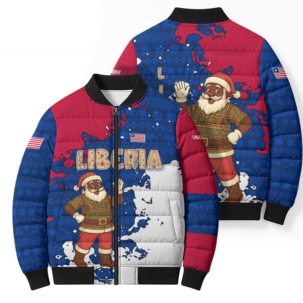Liberia Christmas Bomber Puffer Jacket with Santa Claus Map Graphic and Red Blue Festive - Wonder Print Shop