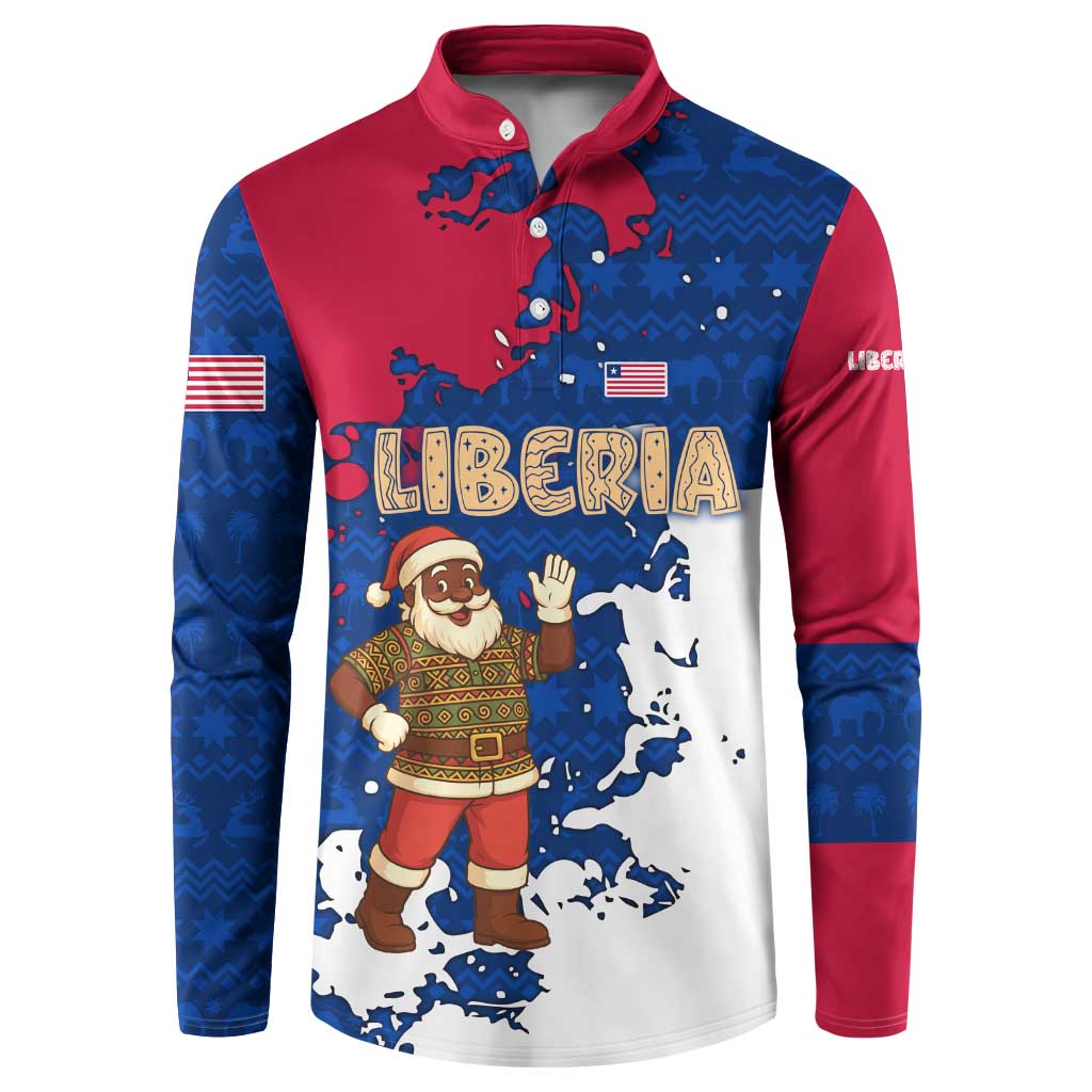 Liberia Christmas Button Sweatshirt with Santa Claus Map Graphic and Red Blue Festive - Wonder Print Shop