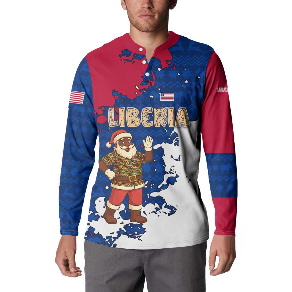 Liberia Christmas Button Sweatshirt with Santa Claus Map Graphic and Red Blue Festive - Wonder Print Shop