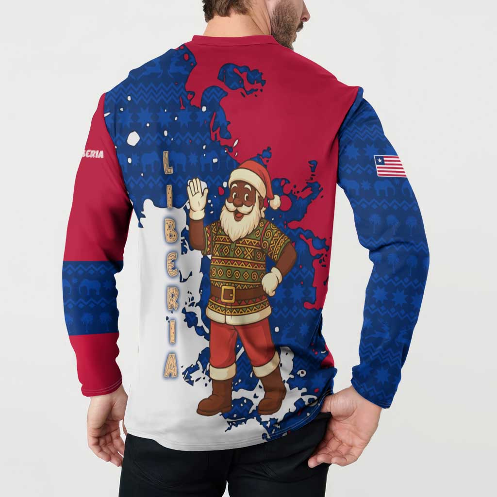 Liberia Christmas Button Sweatshirt with Santa Claus Map Graphic and Red Blue Festive - Wonder Print Shop
