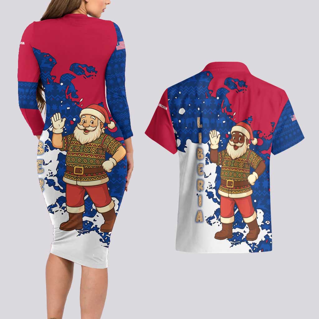 Liberia Christmas Couples Matching Long Sleeve Bodycon Dress and Hawaiian Shirt with Santa Claus Map Graphic and Red Blue Festive - Wonder Print Shop
