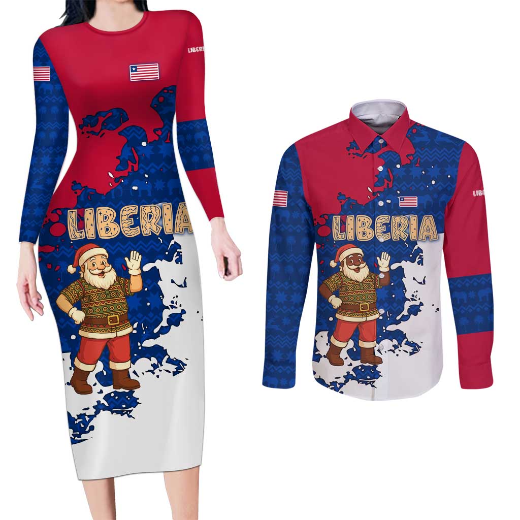 Liberia Christmas Couples Matching Long Sleeve Bodycon Dress and Long Sleeve Button Shirt with Santa Claus Map Graphic and Red Blue Festive - Wonder Print Shop