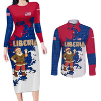 Liberia Christmas Couples Matching Long Sleeve Bodycon Dress and Long Sleeve Button Shirt with Santa Claus Map Graphic and Red Blue Festive - Wonder Print Shop