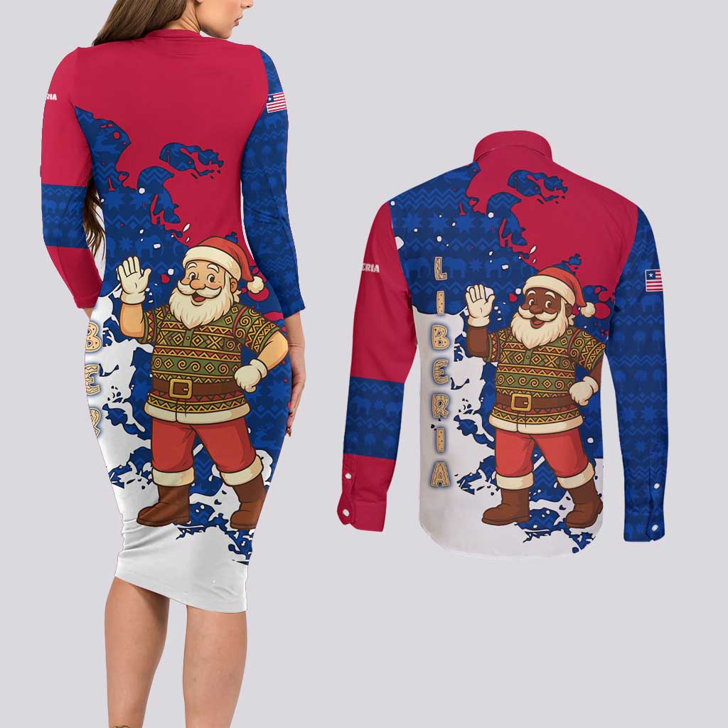 Liberia Christmas Couples Matching Long Sleeve Bodycon Dress and Long Sleeve Button Shirt with Santa Claus Map Graphic and Red Blue Festive - Wonder Print Shop