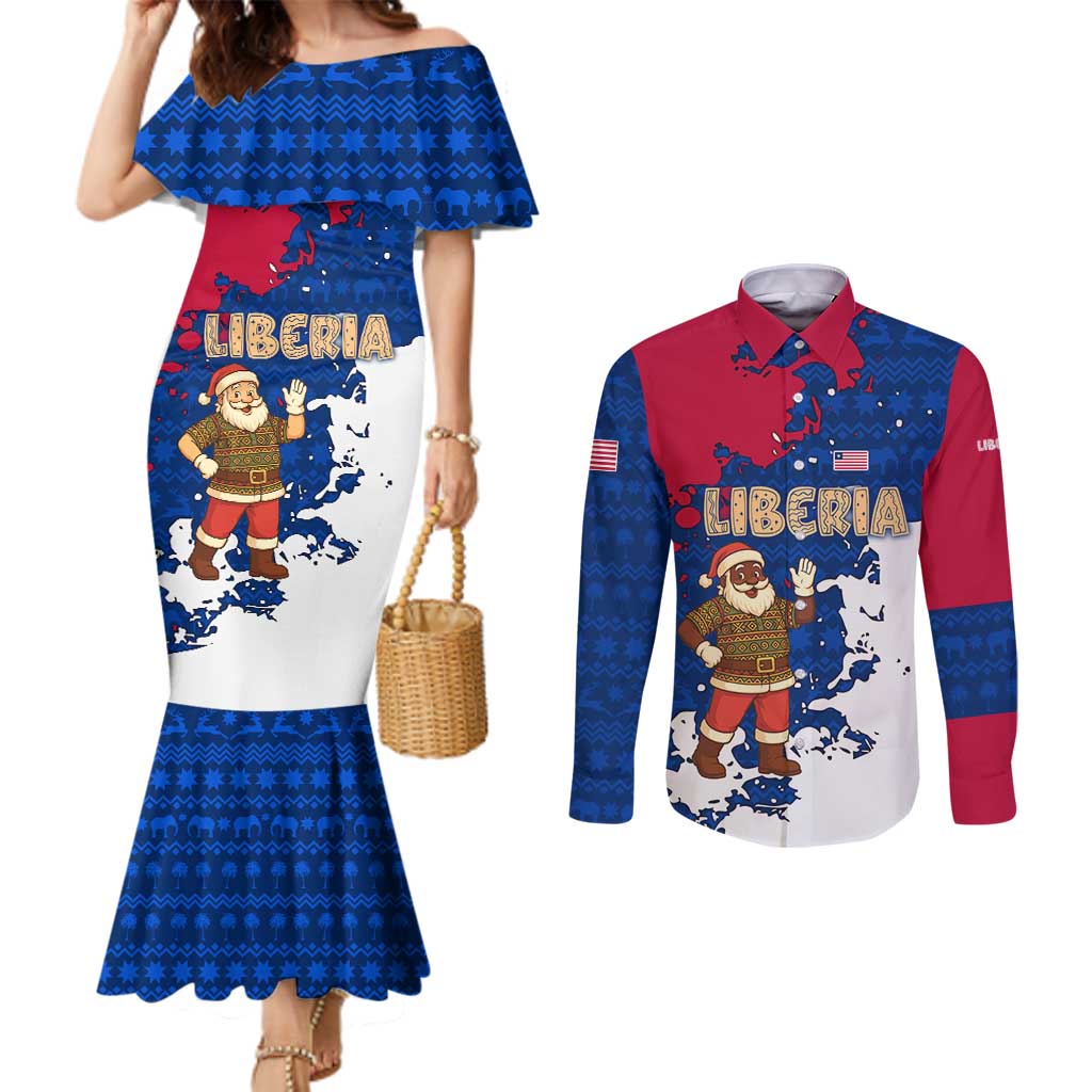 Liberia Christmas Couples Matching Mermaid Dress and Long Sleeve Button Shirt with Santa Claus Map Graphic and Red Blue Festive - Wonder Print Shop