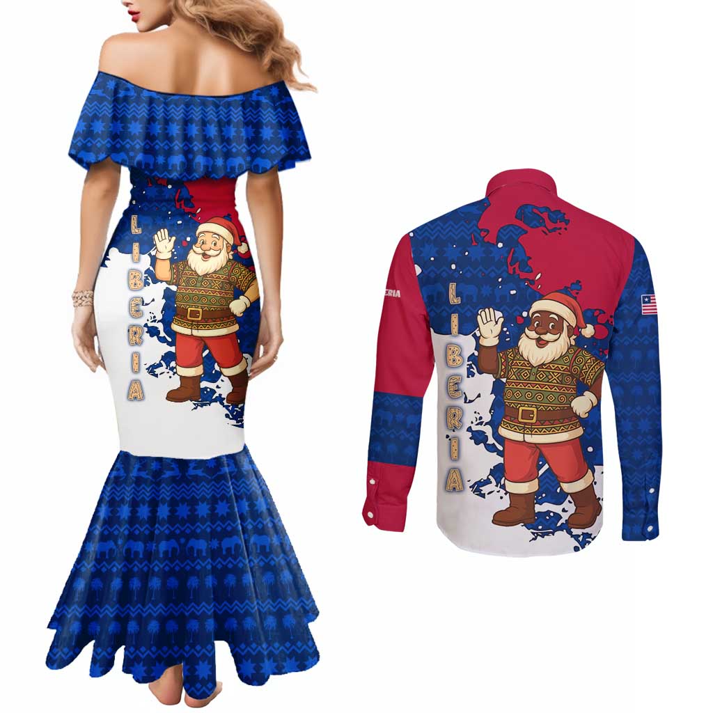 Liberia Christmas Couples Matching Mermaid Dress and Long Sleeve Button Shirt with Santa Claus Map Graphic and Red Blue Festive - Wonder Print Shop