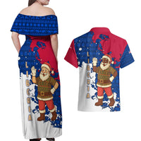 Liberia Christmas Couples Matching Off Shoulder Maxi Dress and Hawaiian Shirt with Santa Claus Map Graphic and Red Blue Festive - Wonder Print Shop