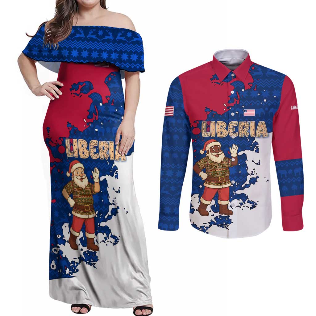 Liberia Christmas Couples Matching Off Shoulder Maxi Dress and Long Sleeve Button Shirt with Santa Claus Map Graphic and Red Blue Festive - Wonder Print Shop