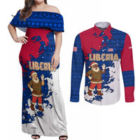 Liberia Christmas Couples Matching Off Shoulder Maxi Dress and Long Sleeve Button Shirt with Santa Claus Map Graphic and Red Blue Festive - Wonder Print Shop