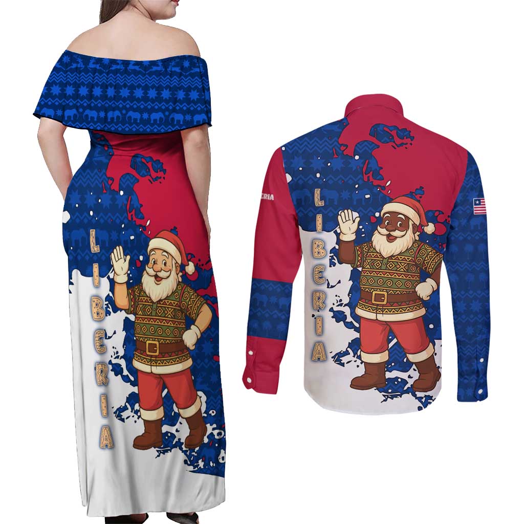 Liberia Christmas Couples Matching Off Shoulder Maxi Dress and Long Sleeve Button Shirt with Santa Claus Map Graphic and Red Blue Festive - Wonder Print Shop