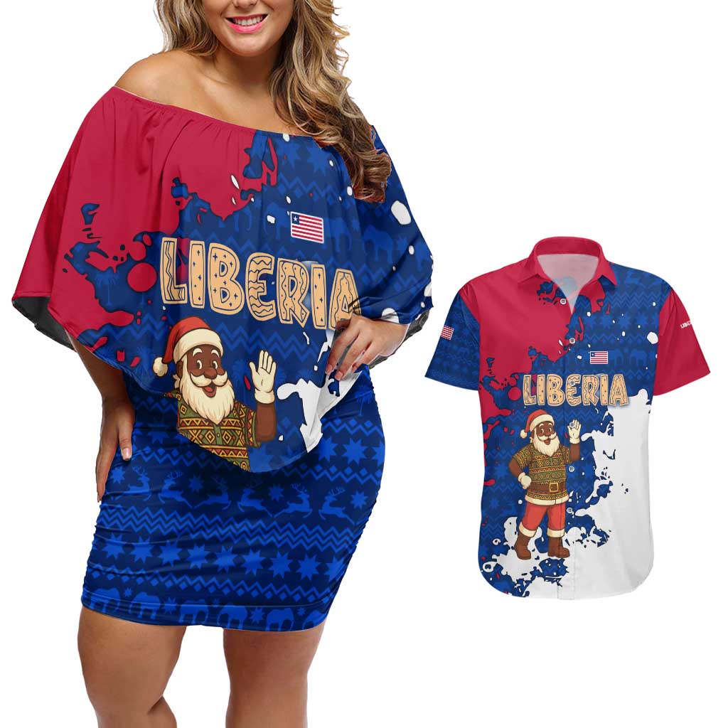 Liberia Christmas Couples Matching Off Shoulder Short Dress and Hawaiian Shirt with Santa Claus Map Graphic and Red Blue Festive - Wonder Print Shop