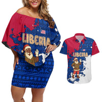 Liberia Christmas Couples Matching Off Shoulder Short Dress and Hawaiian Shirt with Santa Claus Map Graphic and Red Blue Festive - Wonder Print Shop