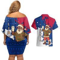 Liberia Christmas Couples Matching Off Shoulder Short Dress and Hawaiian Shirt with Santa Claus Map Graphic and Red Blue Festive - Wonder Print Shop