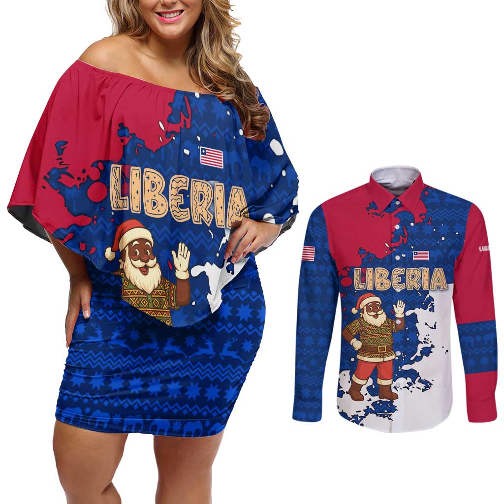 Liberia Christmas Couples Matching Off Shoulder Short Dress and Long Sleeve Button Shirt with Santa Claus Map Graphic and Red Blue Festive - Wonder Print Shop