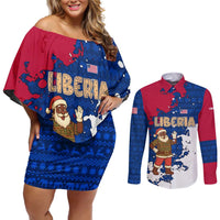 Liberia Christmas Couples Matching Off Shoulder Short Dress and Long Sleeve Button Shirt with Santa Claus Map Graphic and Red Blue Festive - Wonder Print Shop