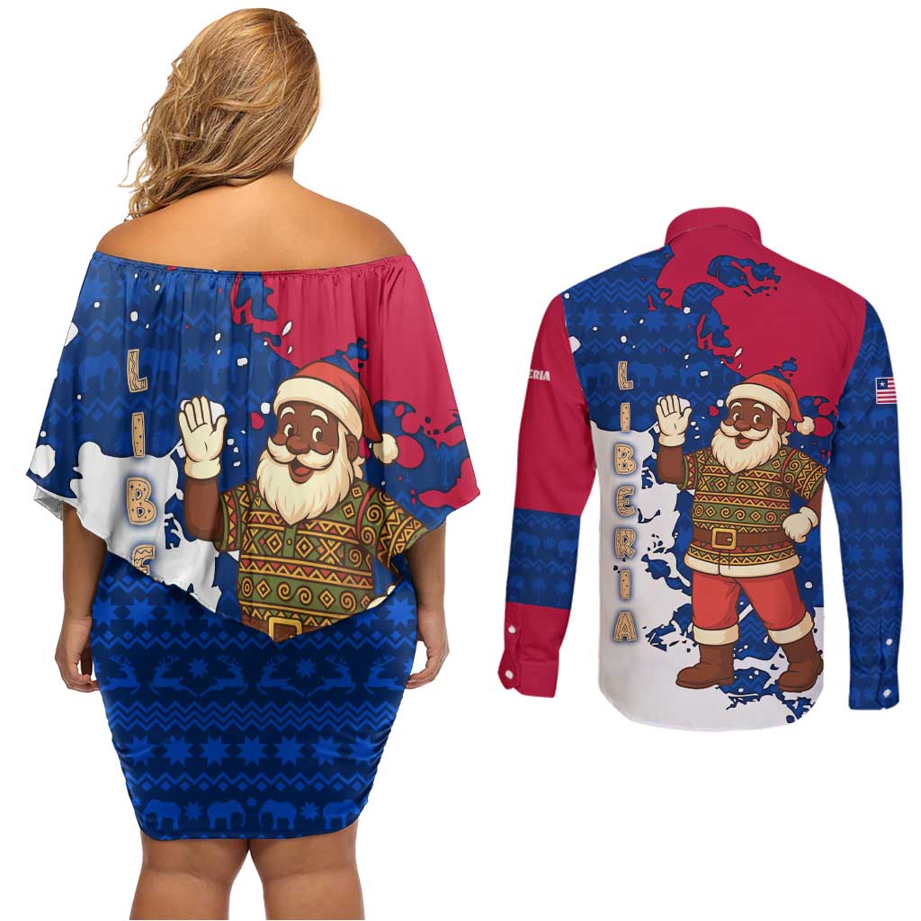 Liberia Christmas Couples Matching Off Shoulder Short Dress and Long Sleeve Button Shirt with Santa Claus Map Graphic and Red Blue Festive - Wonder Print Shop