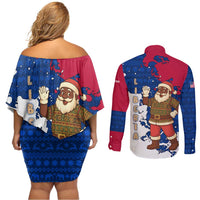 Liberia Christmas Couples Matching Off Shoulder Short Dress and Long Sleeve Button Shirt with Santa Claus Map Graphic and Red Blue Festive - Wonder Print Shop