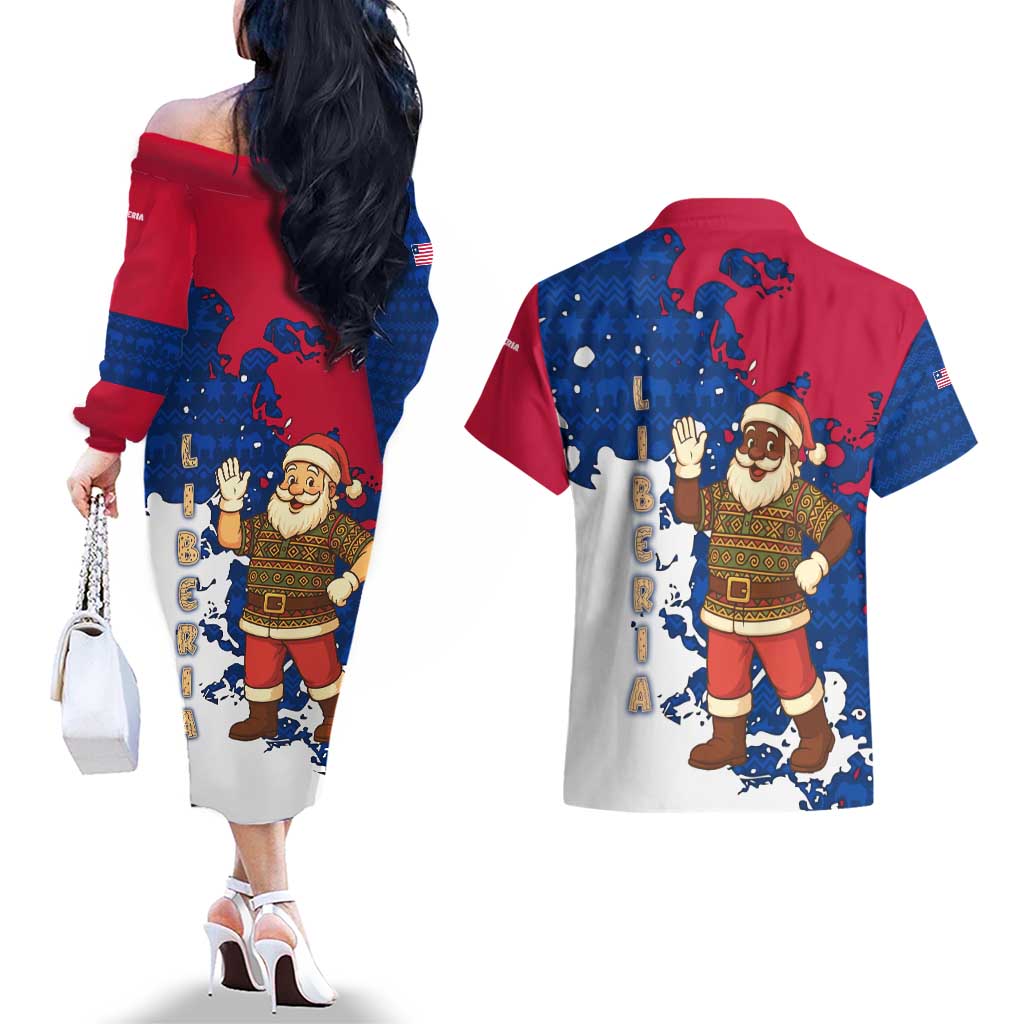 Liberia Christmas Couples Matching Off The Shoulder Long Sleeve Dress and Hawaiian Shirt with Santa Claus Map Graphic and Red Blue Festive - Wonder Print Shop