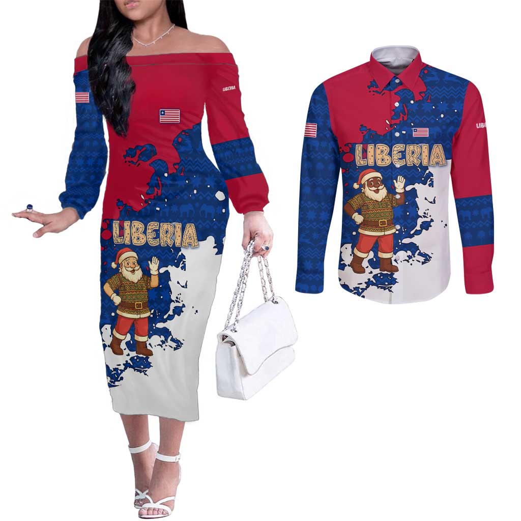 Liberia Christmas Couples Matching Off The Shoulder Long Sleeve Dress and Long Sleeve Button Shirt with Santa Claus Map Graphic and Red Blue Festive - Wonder Print Shop