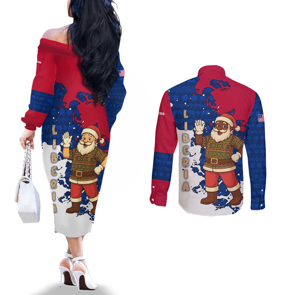 Liberia Christmas Couples Matching Off The Shoulder Long Sleeve Dress and Long Sleeve Button Shirt with Santa Claus Map Graphic and Red Blue Festive - Wonder Print Shop