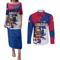 Liberia Christmas Couples Matching Puletasi and Long Sleeve Button Shirt with Santa Claus Map Graphic and Red Blue Festive - Wonder Print Shop