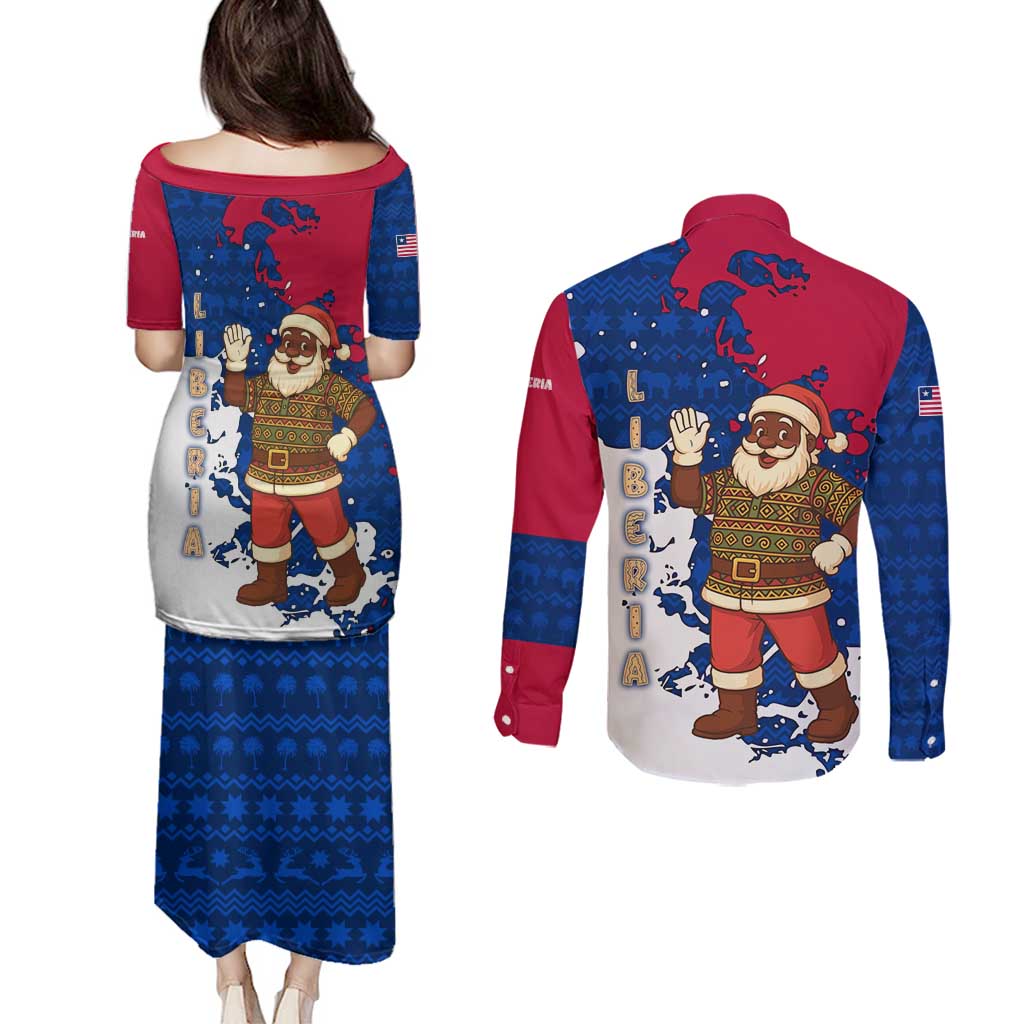 Liberia Christmas Couples Matching Puletasi and Long Sleeve Button Shirt with Santa Claus Map Graphic and Red Blue Festive - Wonder Print Shop