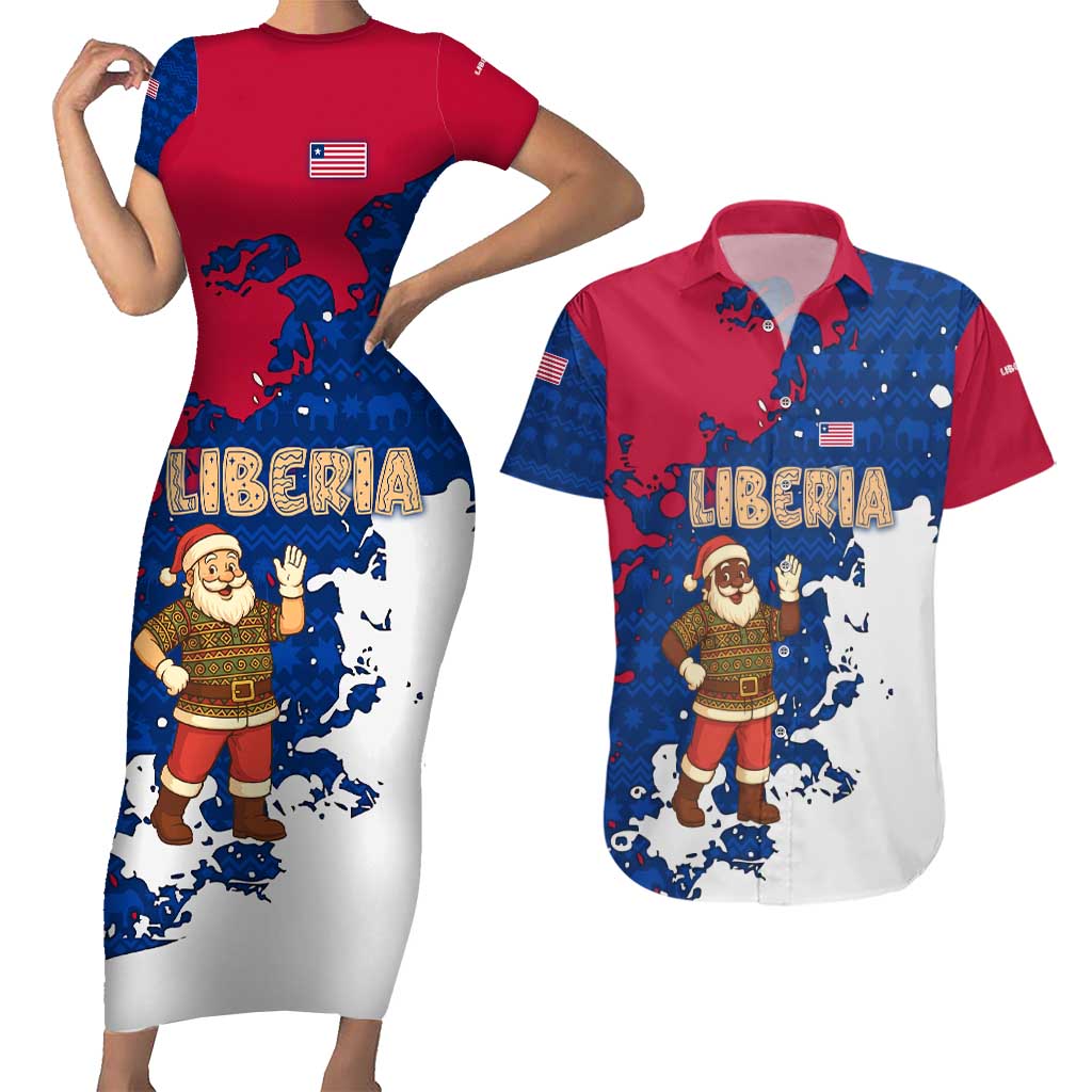 Liberia Christmas Couples Matching Short Sleeve Bodycon Dress and Hawaiian Shirt with Santa Claus Map Graphic and Red Blue Festive - Wonder Print Shop