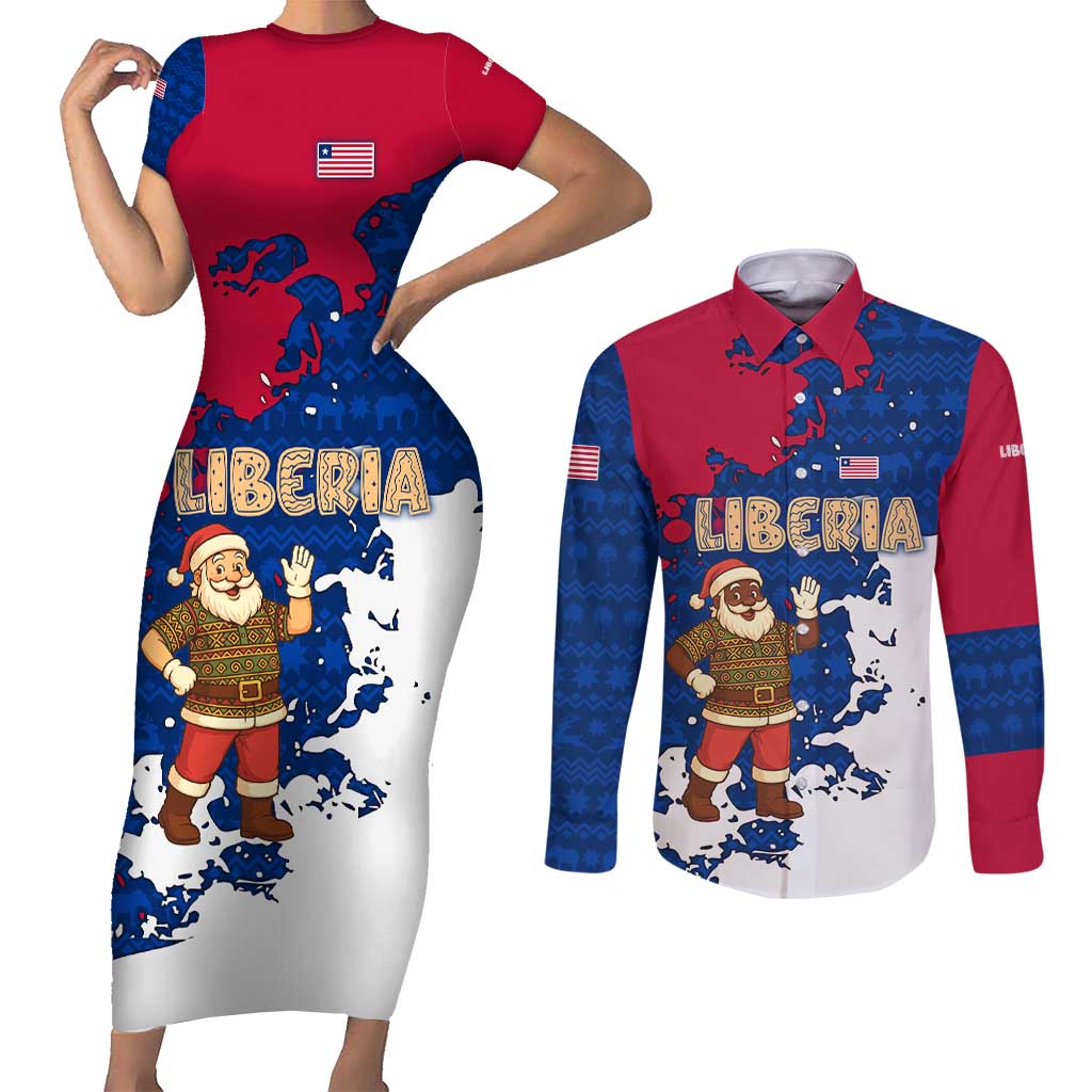 Liberia Christmas Couples Matching Short Sleeve Bodycon Dress and Long Sleeve Button Shirt with Santa Claus Map Graphic and Red Blue Festive - Wonder Print Shop