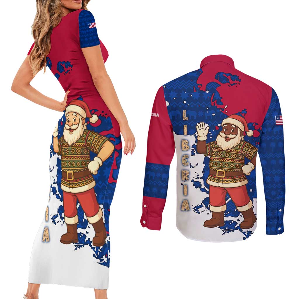 Liberia Christmas Couples Matching Short Sleeve Bodycon Dress and Long Sleeve Button Shirt with Santa Claus Map Graphic and Red Blue Festive - Wonder Print Shop