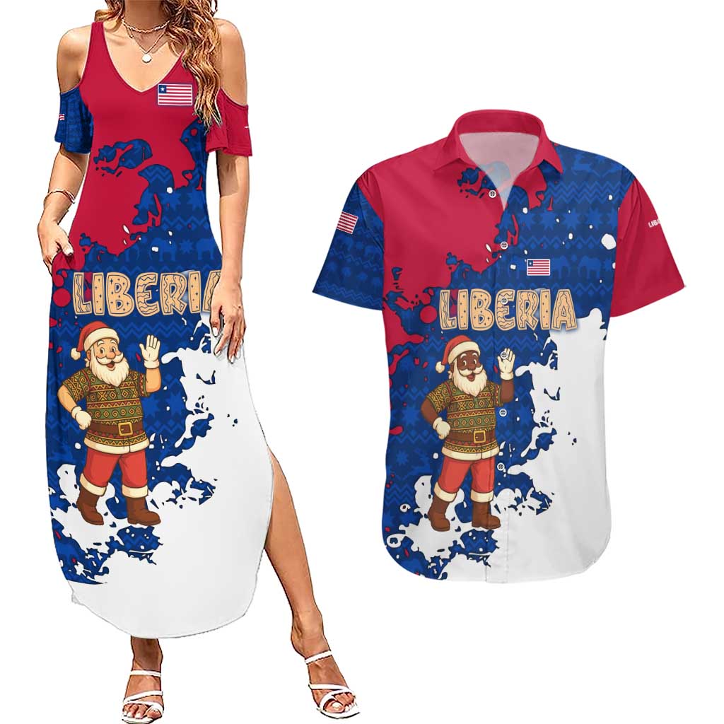 Liberia Christmas Couples Matching Summer Maxi Dress and Hawaiian Shirt with Santa Claus Map Graphic and Red Blue Festive - Wonder Print Shop