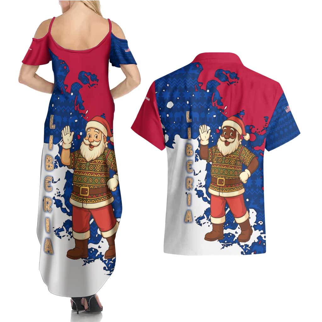Liberia Christmas Couples Matching Summer Maxi Dress and Hawaiian Shirt with Santa Claus Map Graphic and Red Blue Festive - Wonder Print Shop