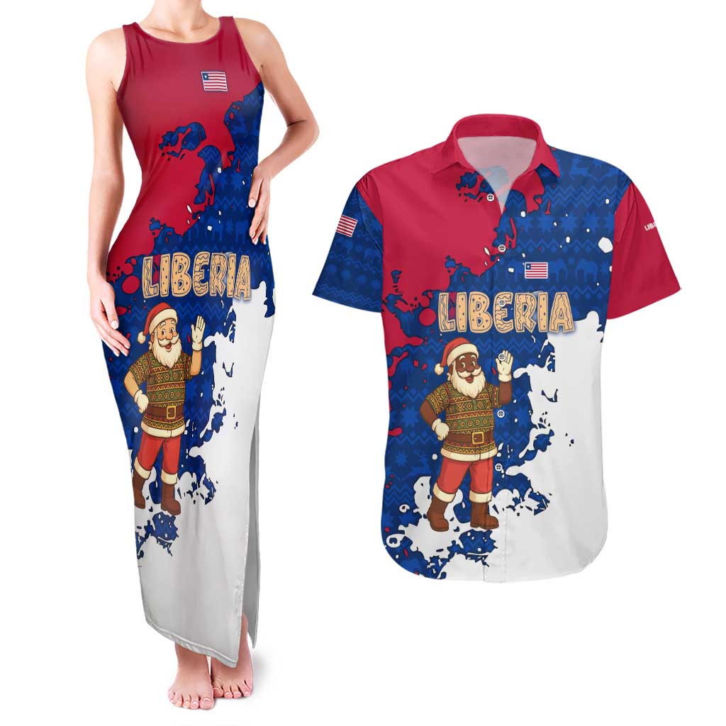 Liberia Christmas Couples Matching Tank Maxi Dress and Hawaiian Shirt with Santa Claus Map Graphic and Red Blue Festive - Wonder Print Shop