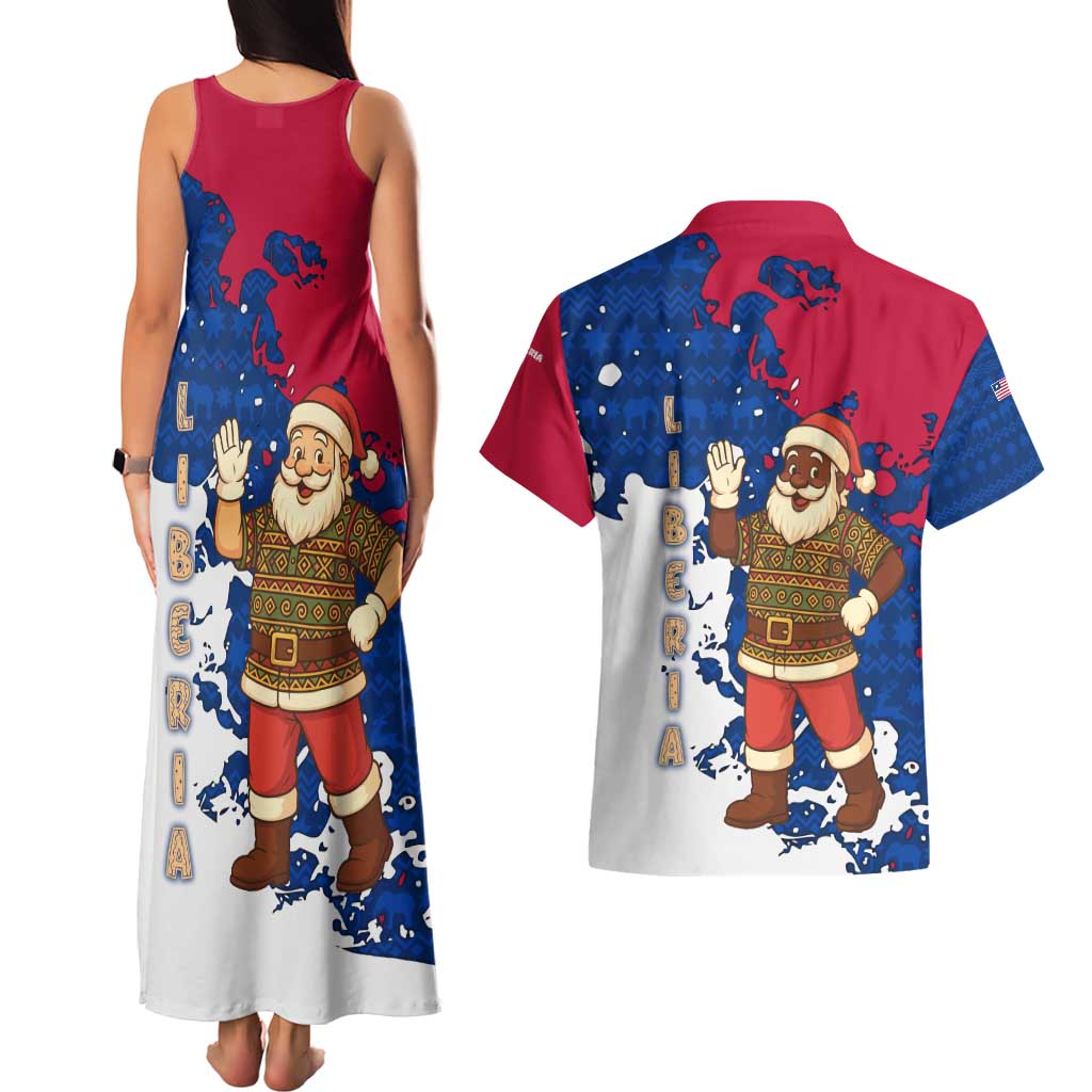 Liberia Christmas Couples Matching Tank Maxi Dress and Hawaiian Shirt with Santa Claus Map Graphic and Red Blue Festive - Wonder Print Shop