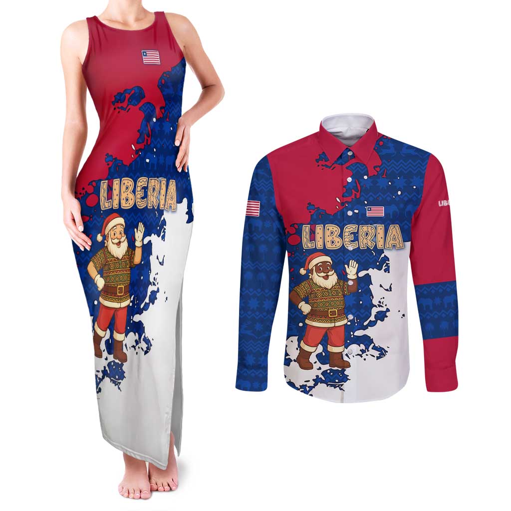Liberia Christmas Couples Matching Tank Maxi Dress and Long Sleeve Button Shirt with Santa Claus Map Graphic and Red Blue Festive - Wonder Print Shop