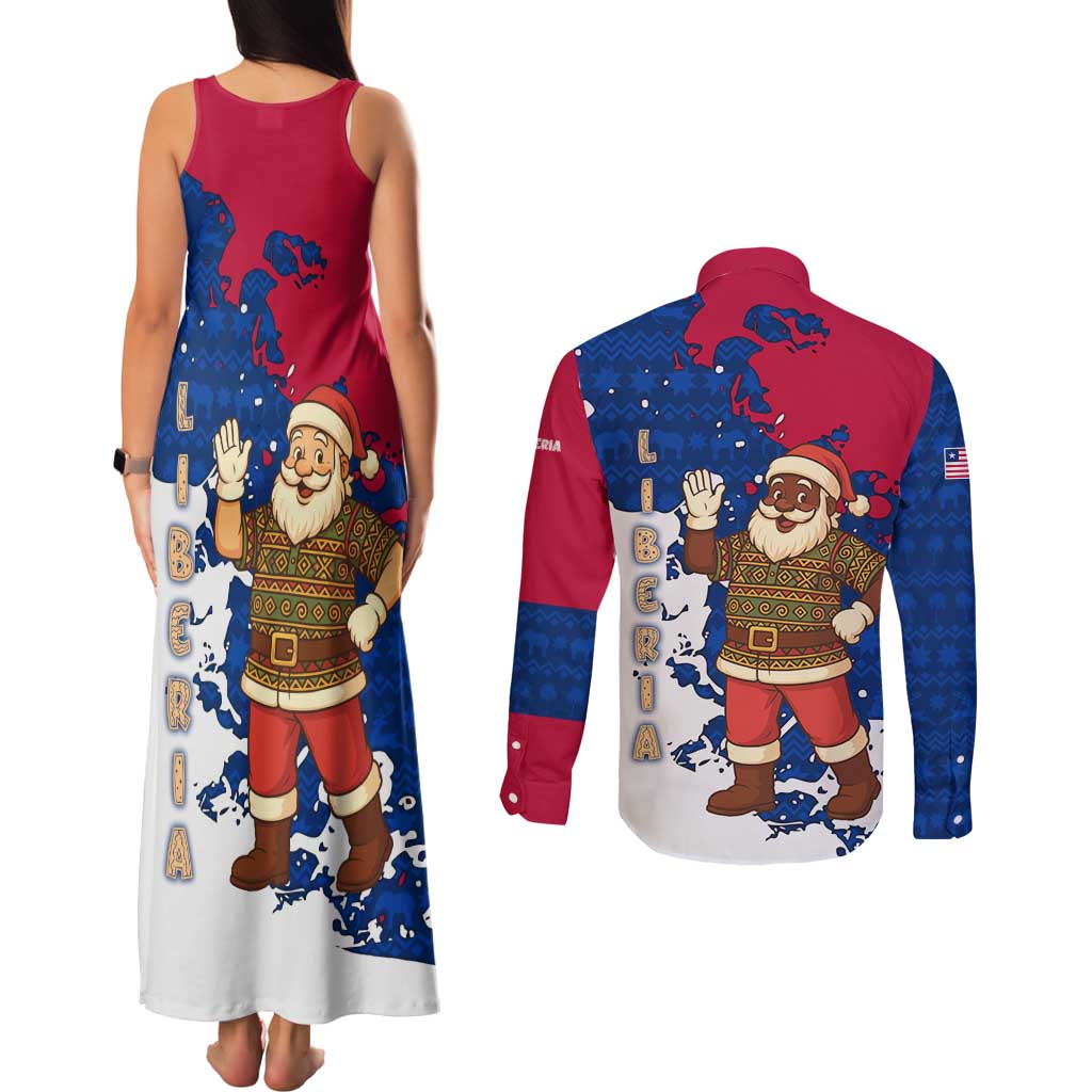 Liberia Christmas Couples Matching Tank Maxi Dress and Long Sleeve Button Shirt with Santa Claus Map Graphic and Red Blue Festive - Wonder Print Shop